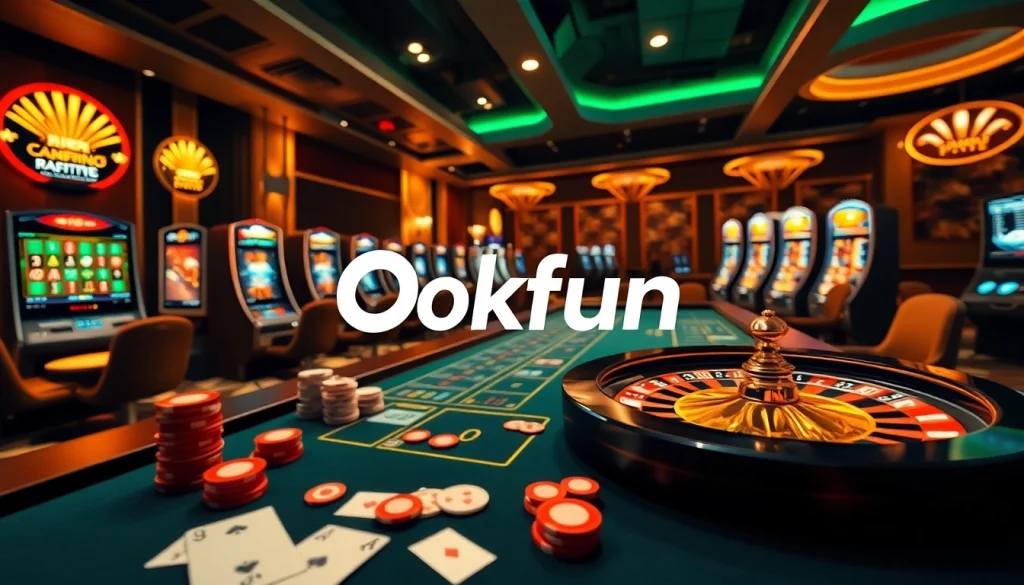 Engage with an exciting online gambling experience at Okfun featuring vibrant casino tables and slot machines.