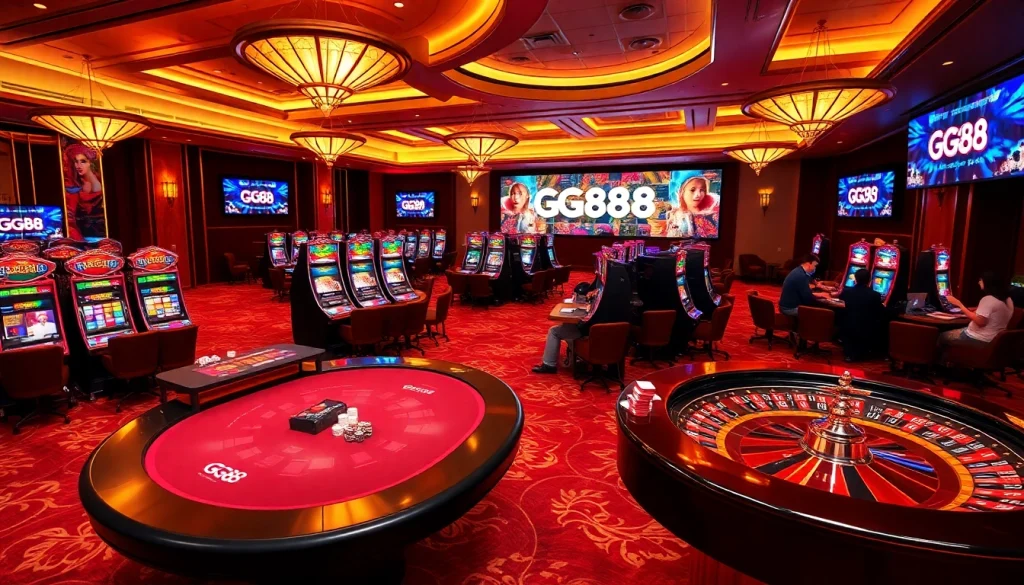 GG88 casino scene featuring active gameplay at tables with vibrant slot machines and roulette wheels.