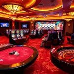 GG88 casino scene featuring active gameplay at tables with vibrant slot machines and roulette wheels.