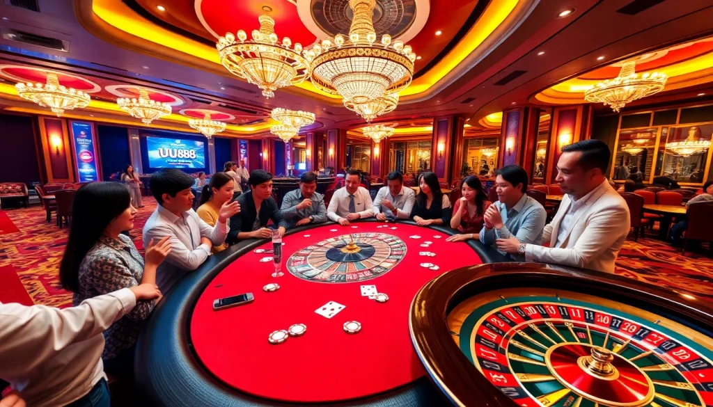 Experience the excitement of betting at UU88's luxurious casino, featuring vibrant poker tables and dazzling chips.