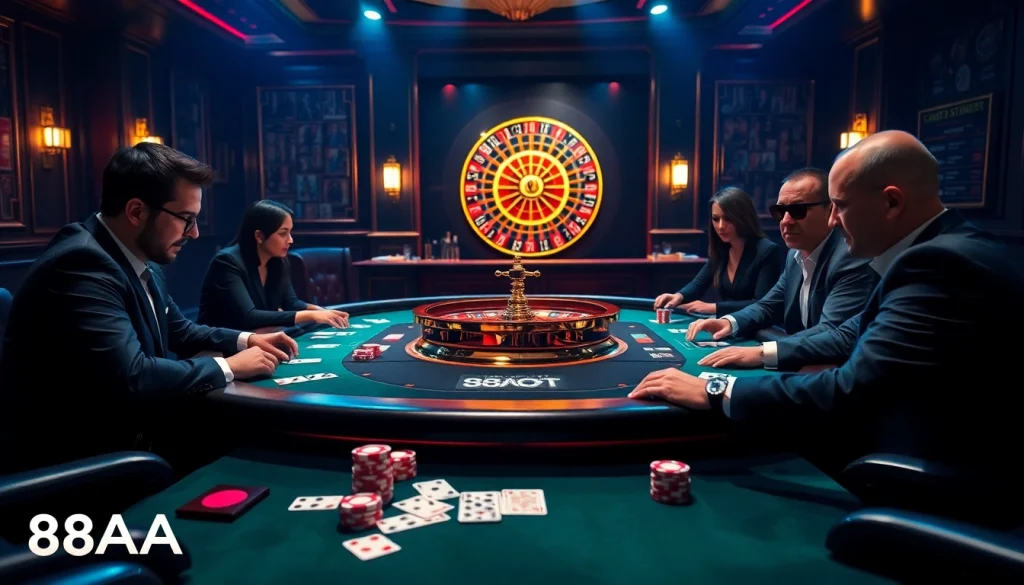 Intense poker game with professional players showcasing 88AA casino excitement.