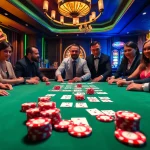 Luckywin players enjoying a thrilling poker game at a luxurious casino table.