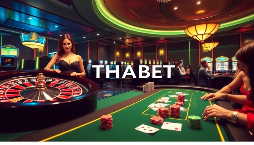 Engaging gamblers at a THABET casino table featuring poker chips and roulette.