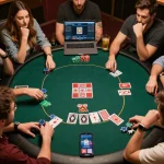 Engaged players at an OK9 online poker game night with vibrant chips and cards creating an immersive atmosphere.