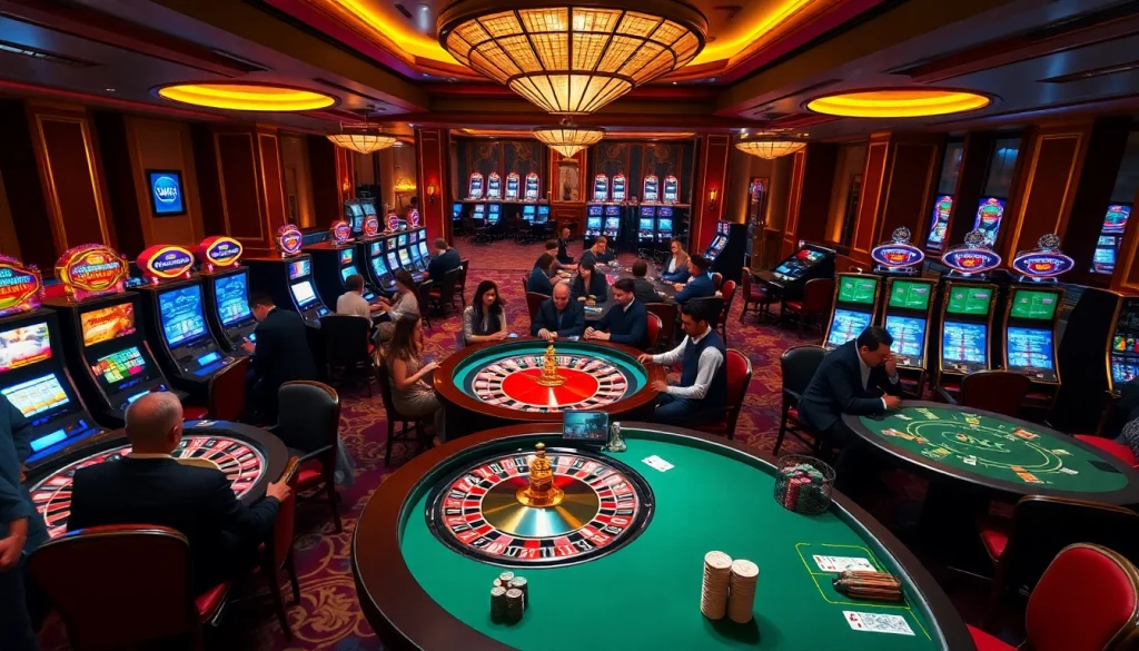 Players engaged in high-stakes gambling at 8XX casino tables with vibrant roulette wheels and slot machines.