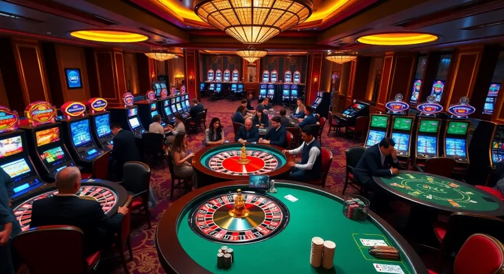 Players engaged in high-stakes gambling at 8XX casino tables with vibrant roulette wheels and slot machines.