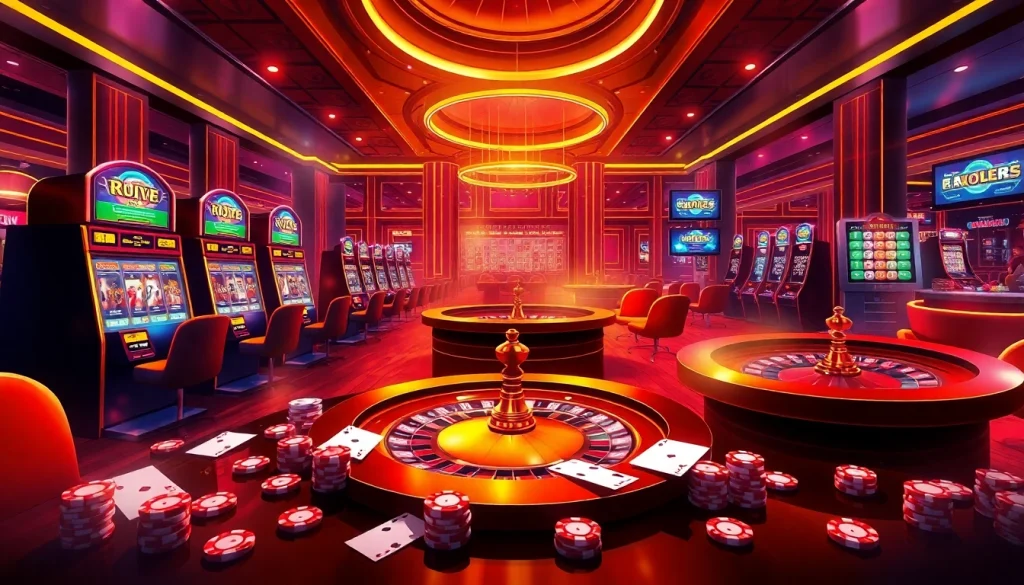 Engage with thrilling games at https://bem88v.com/ featuring vibrant casino elements like roulette wheels and slot machines.