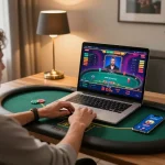 MM88 player engaged in a thrilling live poker game on laptop, showcasing dynamic gameplay
