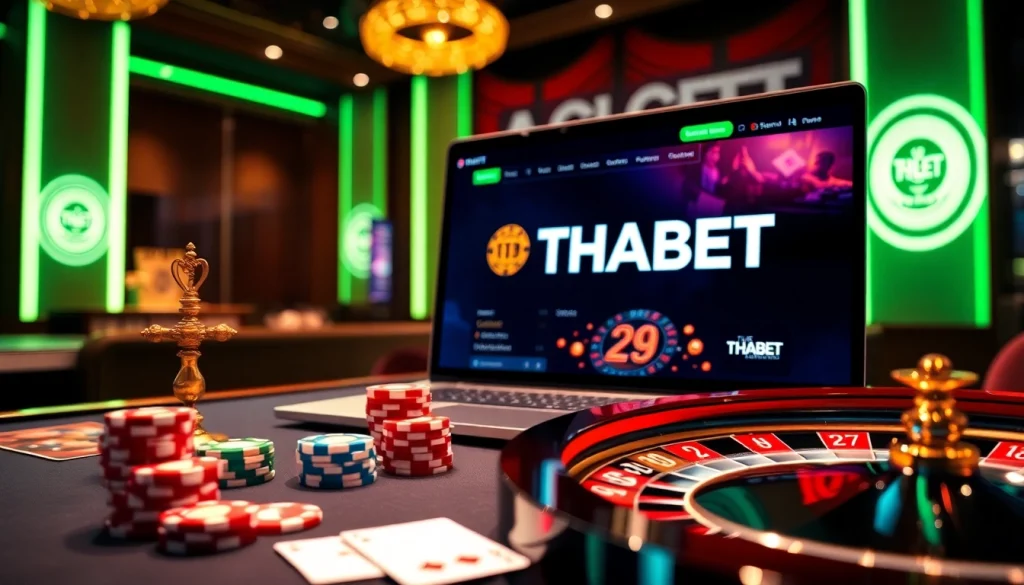 THABET online casino scene featuring poker chips, cards, and a roulette wheel in a luxurious setting.