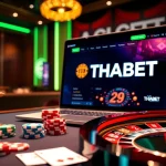 THABET online casino scene featuring poker chips, cards, and a roulette wheel in a luxurious setting.