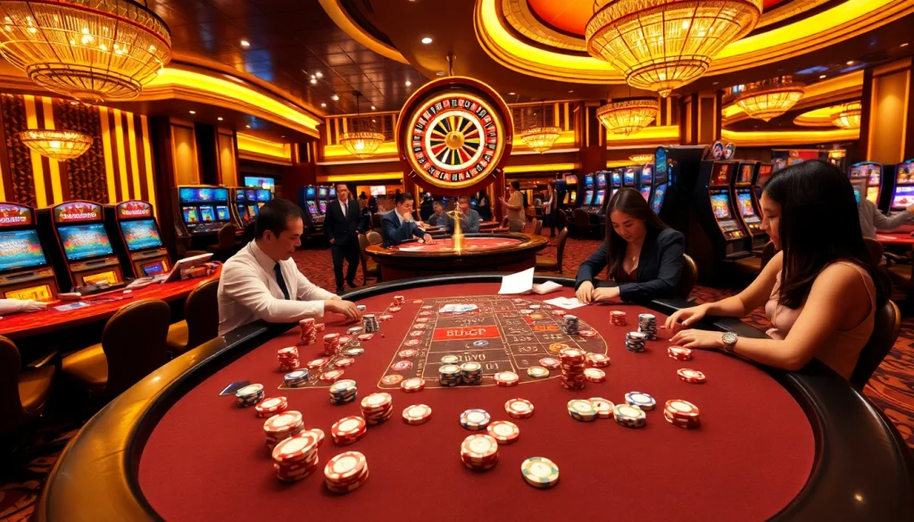 Action-packed casino scene with poker games and https://98win9.bid/ branding highlighting excitement.