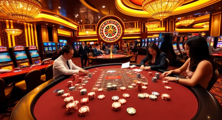 Action-packed casino scene with poker games and https://98win9.bid/ branding highlighting excitement.