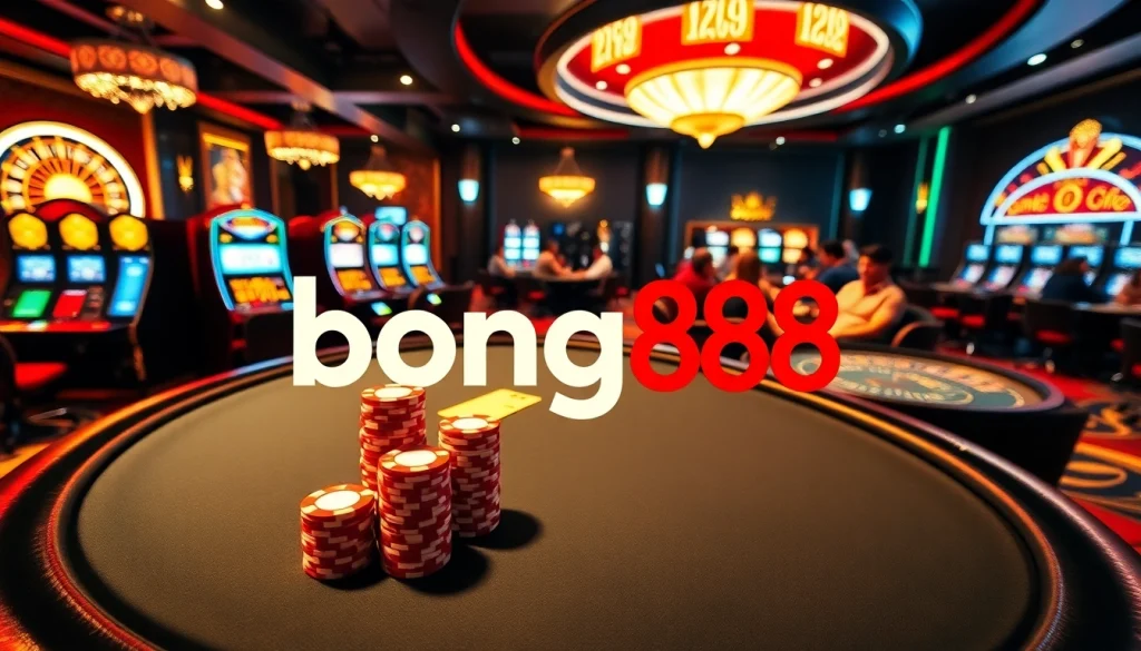 Experience the thrilling atmosphere at bong88 with a vibrant casino featuring poker tables and slot machines.