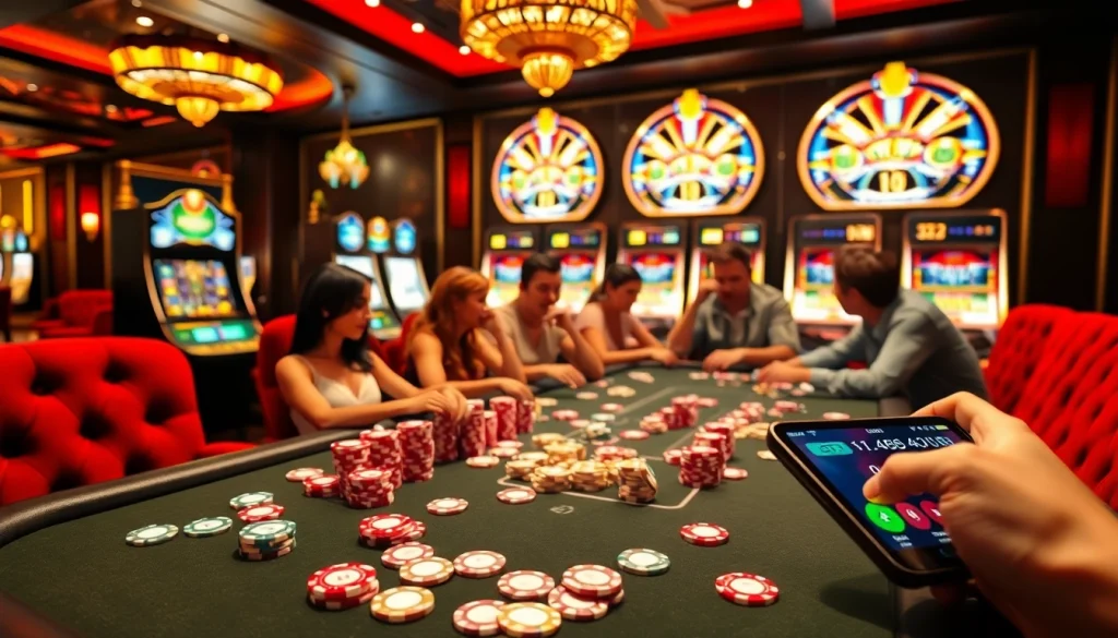 Tg88 players enjoying a lively casino scene with poker chips and slot machines.
