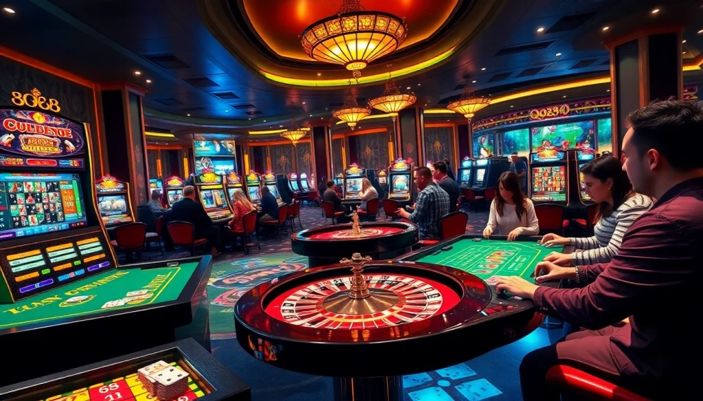 Players enjoying a thrilling moment at QQ88 casino, highlighting vibrant games and engaging ambiance.