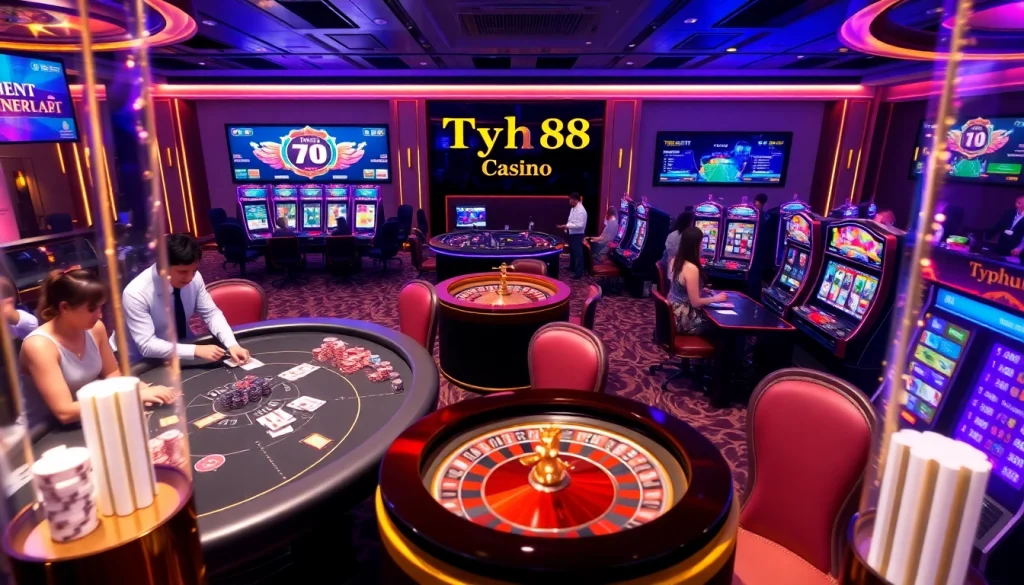 Experience the excitement of Typhu88 with vibrant casino games and professional dealers in a luxurious setting.
