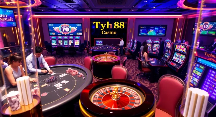 Experience the excitement of Typhu88 with vibrant casino games and professional dealers in a luxurious setting.