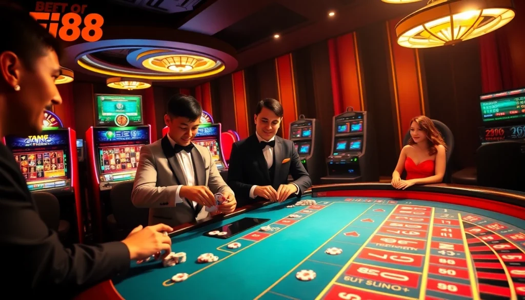 Engaging players enjoying a high-stakes game at Fi88 casino with vibrant tables and exciting atmosphere.