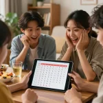 Friends cheering for lotto 9 4d results in cozy living room with tablet display