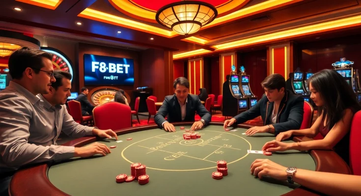Experience the excitement of F8BET at a luxurious casino table with vibrant gaming elements.