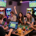 Exciting gaming scene at XX 88 with players celebrating wins and engaging with the platform in a vibrant lounge setting.