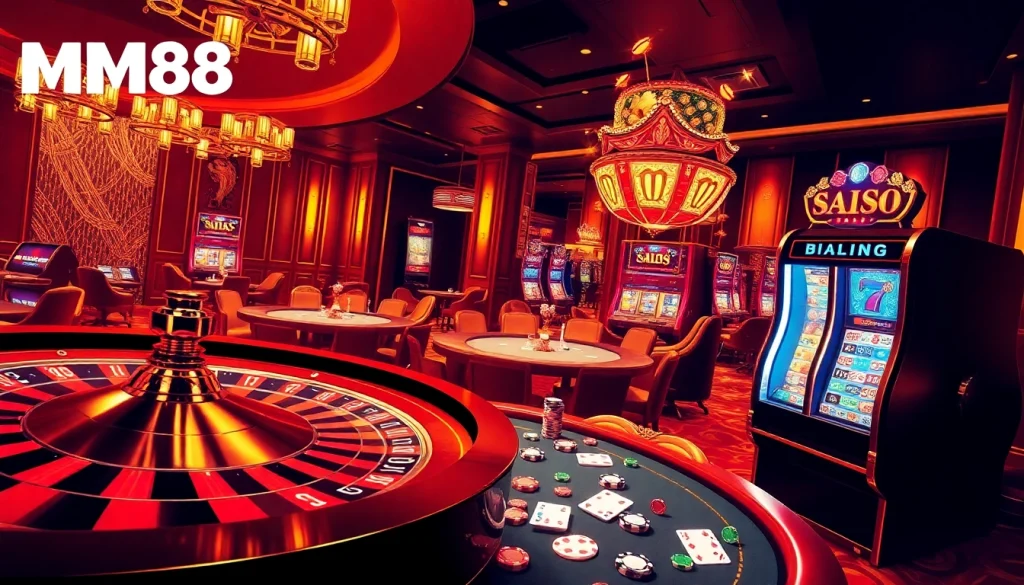 Experience the excitement of MM88 in a luxurious casino environment with roulette and poker games.