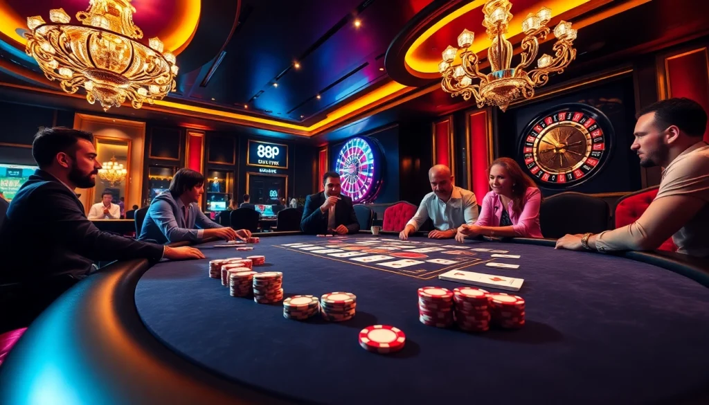 Exciting poker game at 888P casino with vivid colors and rich decor.