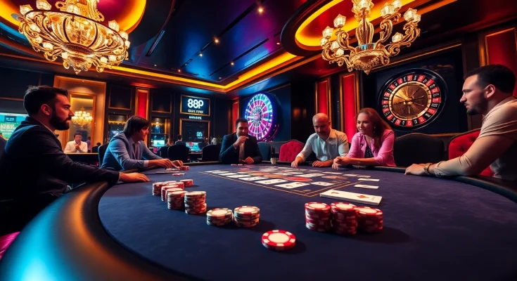 Exciting poker game at 888P casino with vivid colors and rich decor.