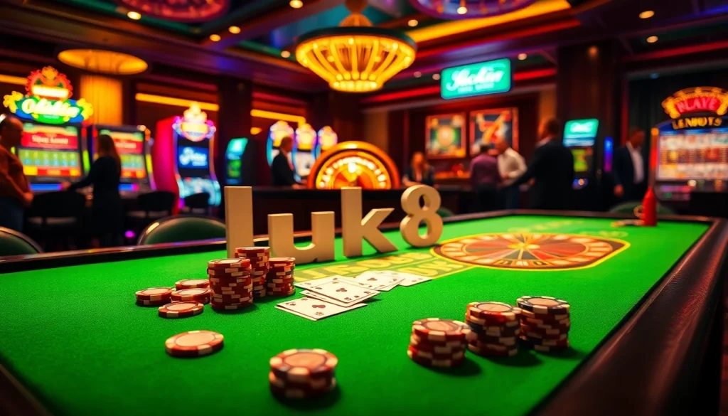 Engaging casino scene showcasing luck8 with players at a poker table, vibrant chips, and betting excitement.
