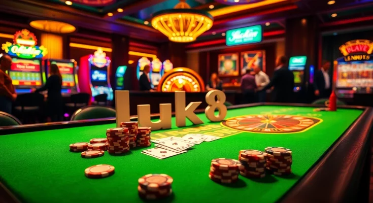 Engaging casino scene showcasing luck8 with players at a poker table, vibrant chips, and betting excitement.
