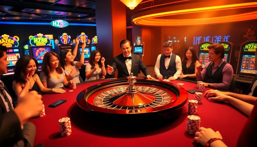 Exciting poker players at an HZ88 casino table with colorful chips and a roulette wheel.