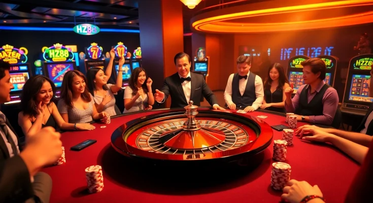 Exciting poker players at an HZ88 casino table with colorful chips and a roulette wheel.