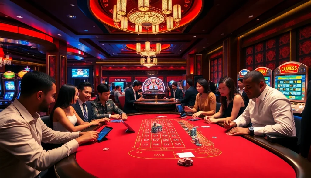 Experience the thrill of Jun88 with vibrant gaming tables and excited gamblers.