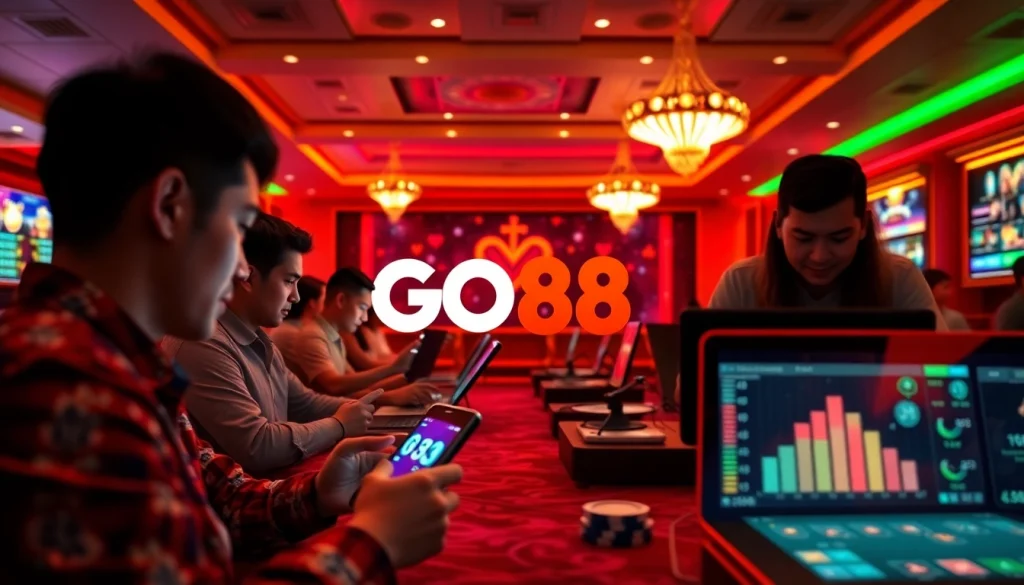 Vibrant online casino scene featuring players on devices enjoying gaming at go-88.us.com.