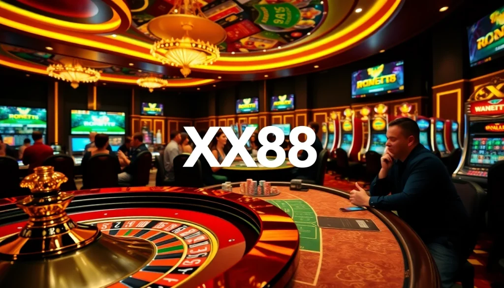 Players enjoying exciting games at XX88 casino, with roulette and poker tables.