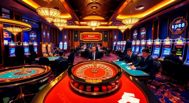 KP88 casino players enjoying high-stakes poker surrounded by vibrant slot machines.
