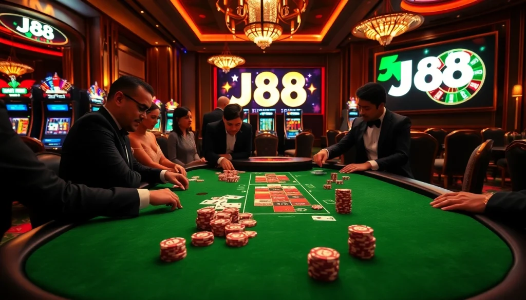 Players engage in high-stakes poker at J88 casino, surrounded by vibrant slot machines and roulette wheels.