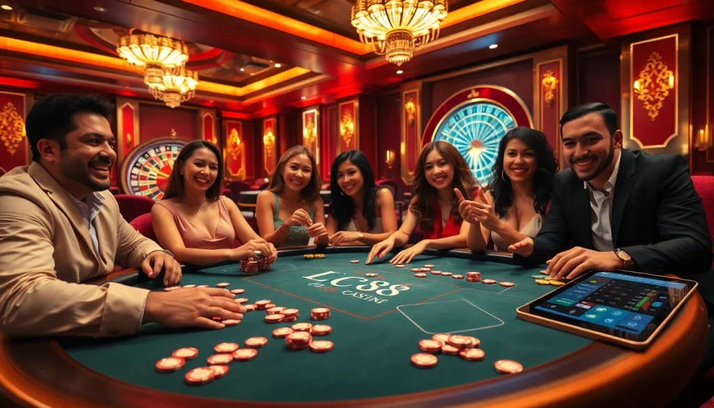 Players reveling at the LC88 poker table, showcasing the thrill of casino gaming.