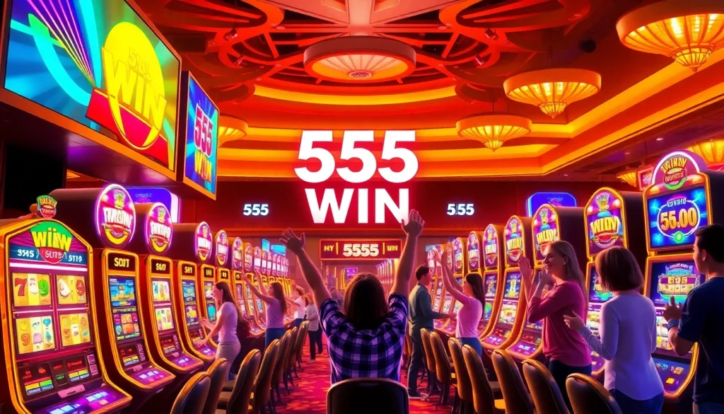 Exciting 555 win casino scene with colorful slot machines and joyful players celebrating