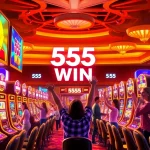 Exciting 555 win casino scene with colorful slot machines and joyful players celebrating