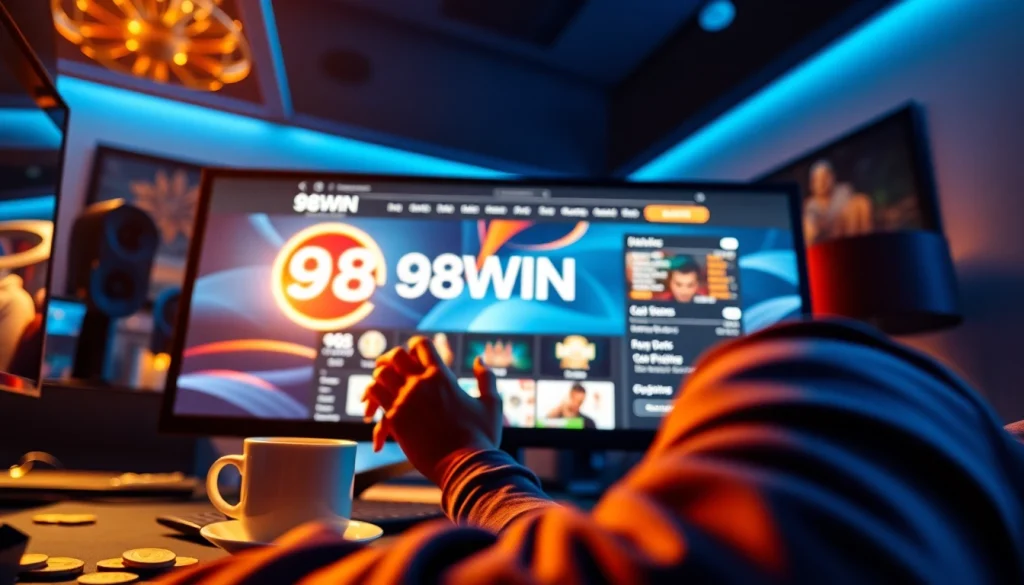 Engaged user experiencing the thrill of online gambling at trang chu 98win with a dynamic interface and gaming elements.