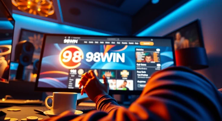Engaged user experiencing the thrill of online gambling at trang chu 98win with a dynamic interface and gaming elements.