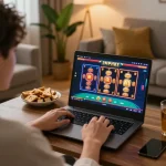 Engaged player exploring games at https://v788.biz/ online, highlighting home gaming experience with laptop and slot games.