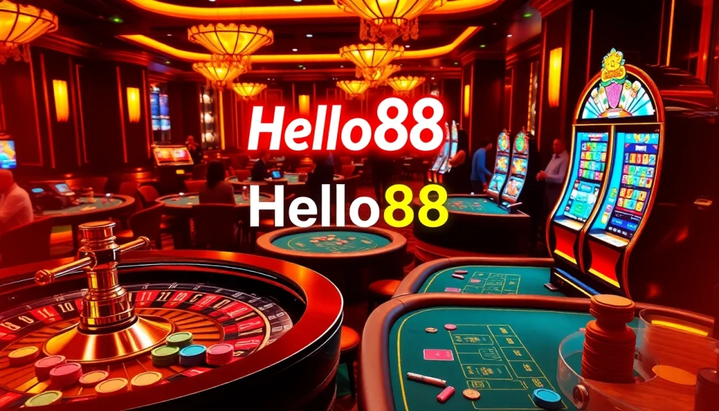 Hello88 gambling scene with roulette, poker tables, and slot machines in an elegant casino.