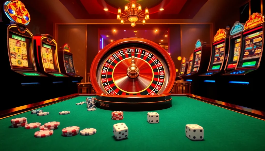 Experience the excitement at 88xx with vibrant slot machines and a luxurious roulette wheel.