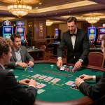 Engaging players at https://du88.autos/ blackjack table in vibrant casino setting, showcasing strategy and excitement.
