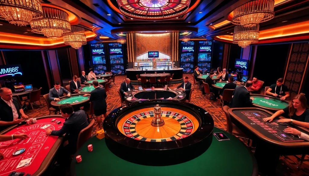 MM88 players enjoying thrilling casino tables with cards, chips, and roulette.
