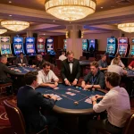 Players enjoy poker action at ATQ's upscale casino, vibrant lighting and atmosphere enhance the experience.