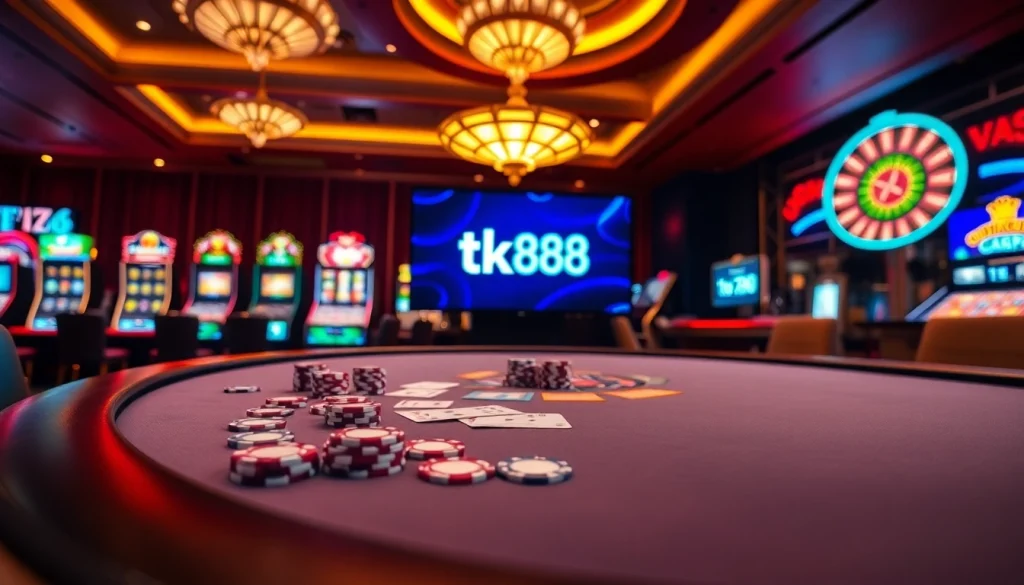 Engaging poker game scene showcasing tk88's atmosphere with vibrant casino elements.