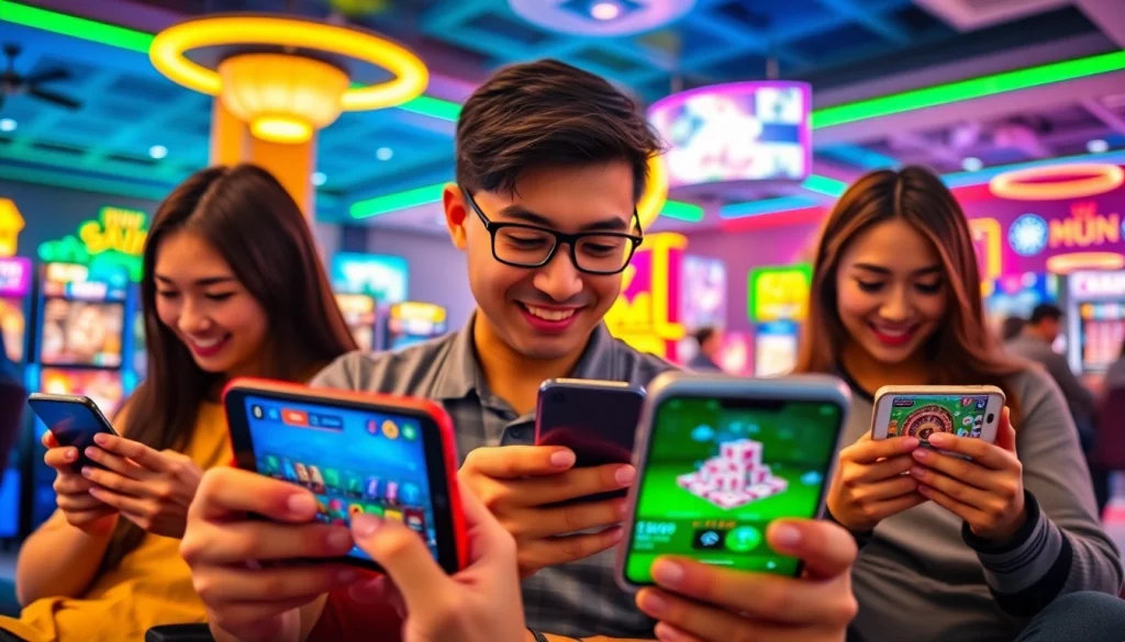 Engaging scene showcasing the 79king online gaming platform with users playing Bắn Cá and sports betting on mobile devices.